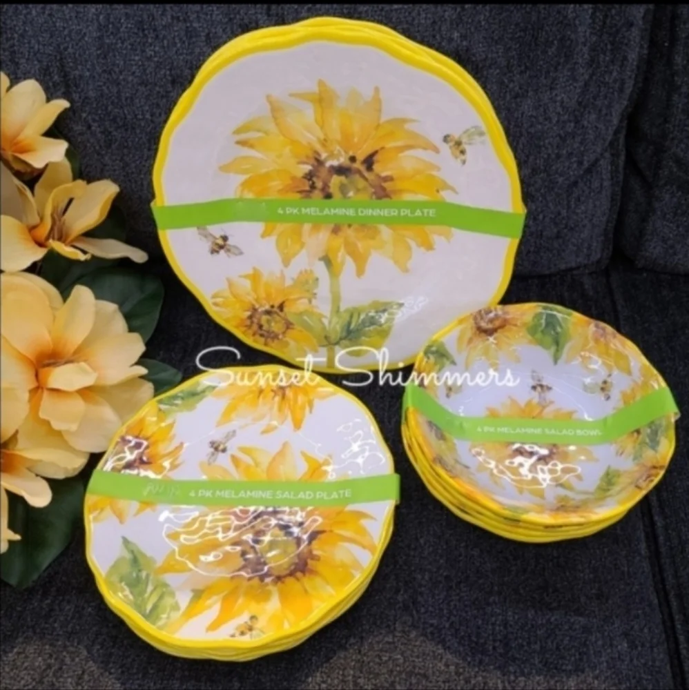 12pc Tuscan Sunflower Honey Bee Melamine Dinner Salad App Dessert Plate Set New